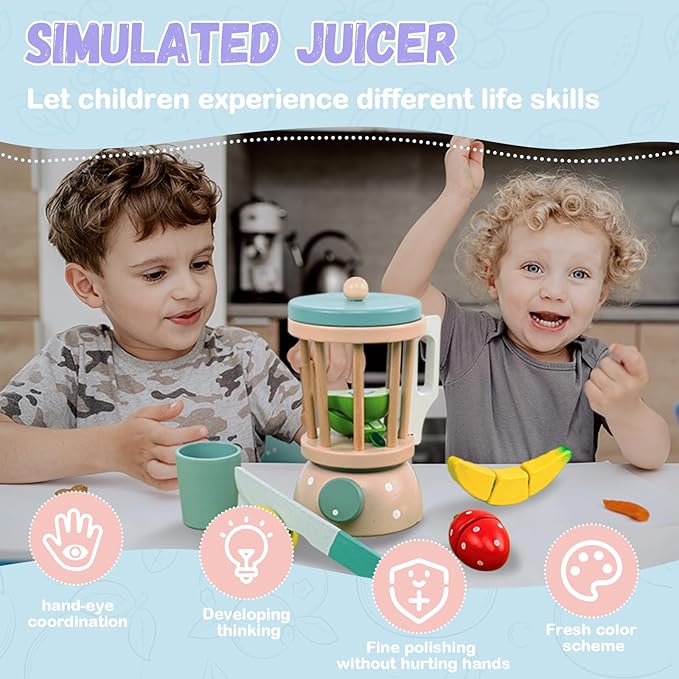 Wooden Fruit Blender Pretend Play Kitchen Set – Montessori Juicer & Cutting Fruits Toy for Kids (3+ Years)