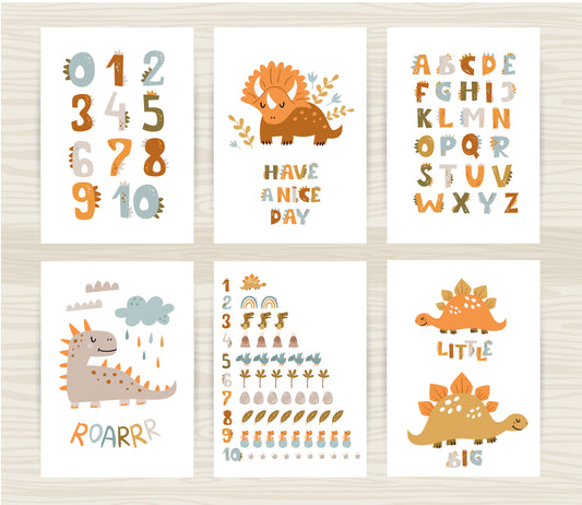 Dinosaur Nursery Wall Art – Set of 6 Frames (Educational + Décor Prints)