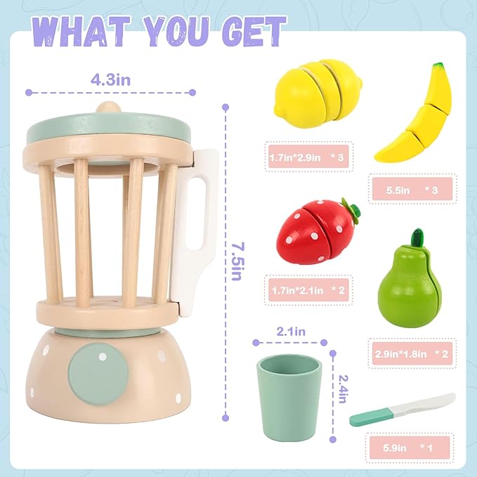 Wooden Fruit Blender Pretend Play Kitchen Set – Montessori Juicer & Cutting Fruits Toy for Kids (3+ Years)