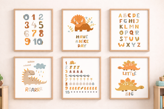 Dinosaur Nursery Wall Art – Set of 6 Frames (Educational + Décor Prints)