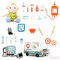 Collection of toy medical equipment and a plush baby doll on a white background