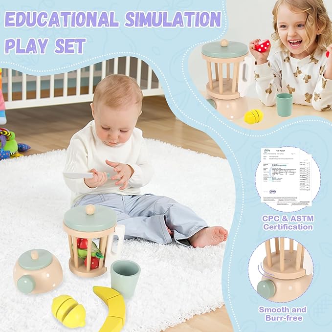 Wooden Fruit Blender Pretend Play Kitchen Set – Montessori Juicer & Cutting Fruits Toy for Kids (3+ Years)