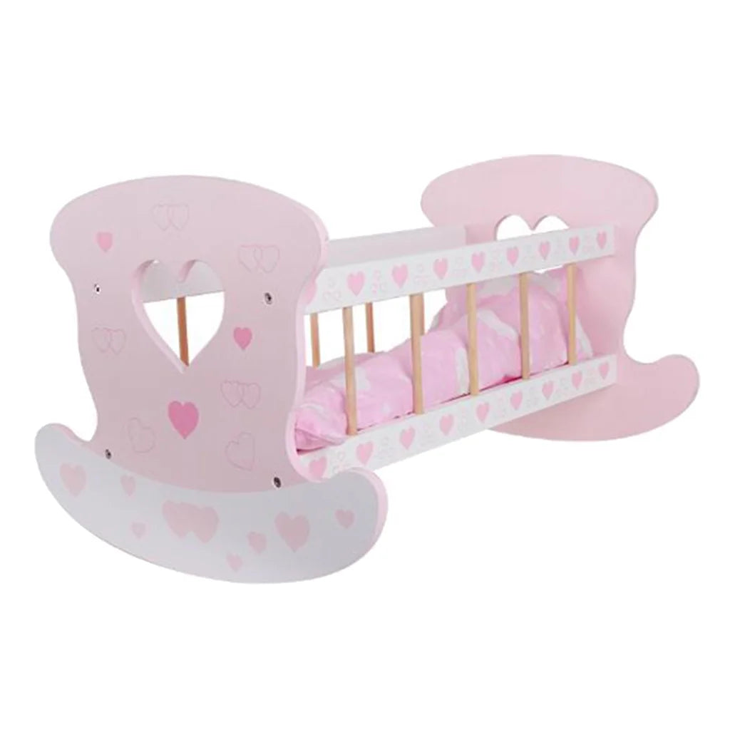 Pink rocking crib with heart patterns on a white background