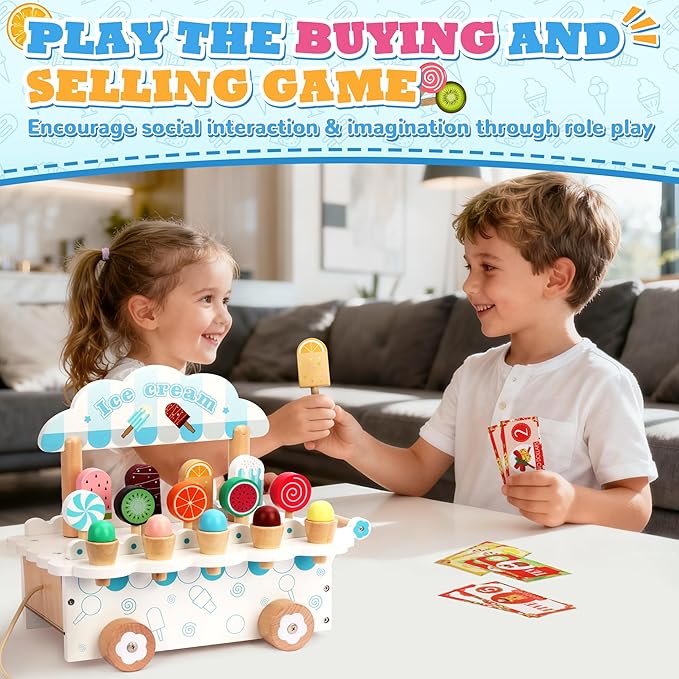 Wooden Ice Cream Cart Pretend Play Set | Role Play & Life Skills Toy (Ages 3+)