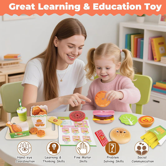Montessori Wooden Pretend Play Food Set | Fast Food Play Kitchen (Ages 3–5 Years)