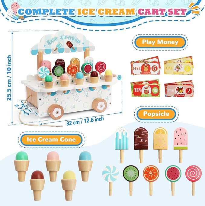 Wooden Ice Cream Cart Pretend Play Set | Role Play & Life Skills Toy (Ages 3+)