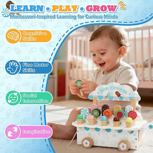 Wooden Ice Cream Cart Pretend Play Set | Role Play & Life Skills Toy (Ages 3+)