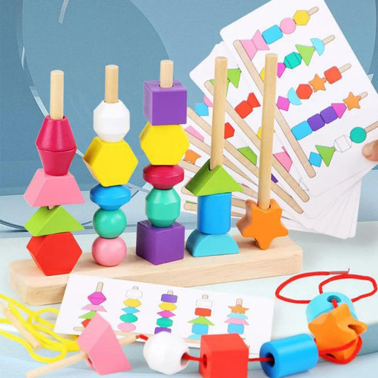 Montessori Wooden Beads Sequencing & Lacing Toy – Early Learning Activity Set