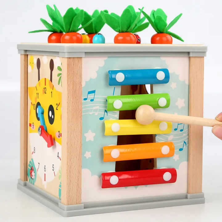 6-in-1 Wooden Montessori Activity Cube – Early Learning Toy for Babies & Kids