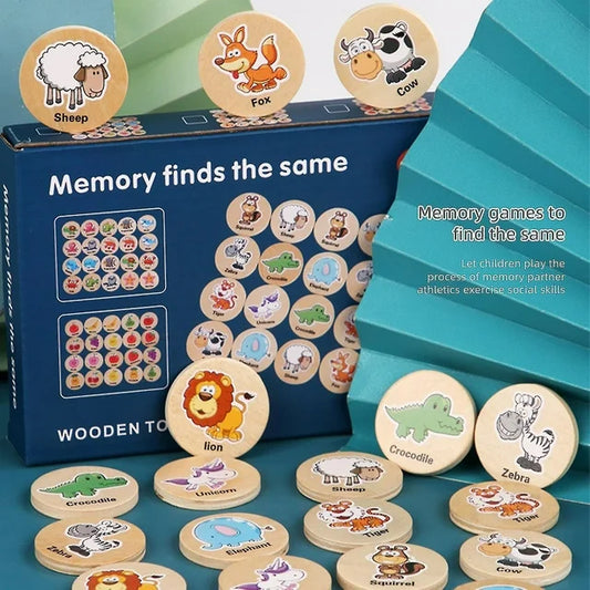 Memory game with wooden animal cards and blue packaging