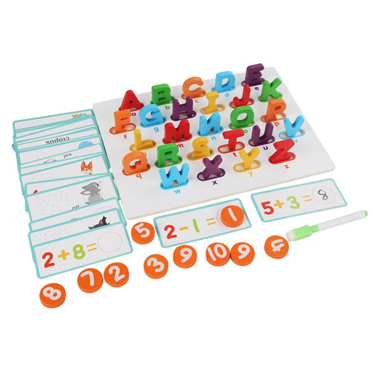 Educational toy set with magnetic letters, numbers, and cards on a white background