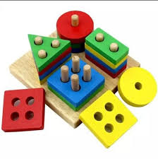 Colorful geometric shape sorting toy with wooden base