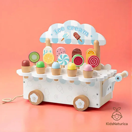 Wooden ice cream cart toy with colorful ice cream cones on a pink background, brand 'KidsNaturica' visible.