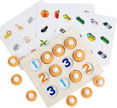 Educational number puzzle with cards featuring various shapes and letters.