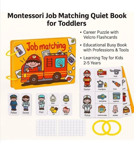 Montessori Job Matching Quiet Book for Toddlers with illustrations and text on a white background